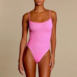 New Hunza G Swimsuit Bubblegum Pink Barbie Neon Bright Crinkle Stretchy Monokini